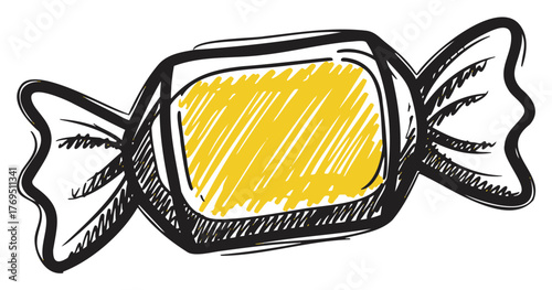 Black and yellow sketch of a square wrapped candy with detailed shading and tied ends.