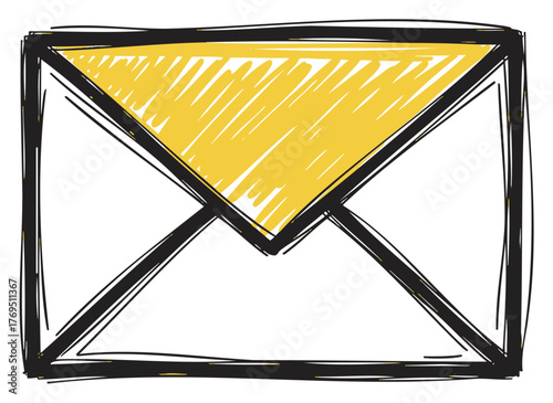 Hand-drawn sketch of a yellow and black open envelope, symbolizing communication in a minimalist artistic style.