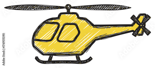 Yellow hand-drawn helicopter sketch with black outlines, featuring a prominent rotor and tail, depicted in a whimsical, shaded style.