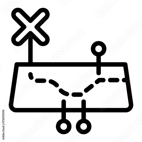 Map with route trail and cross pointer line icon, osint analytics concept. Vector graphics. Path with map metrics sign on white background, style icon mobile or web design.