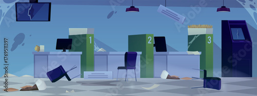 The interior of an abandoned and run-down bank office: cobwebs, dirt, broken monitors.