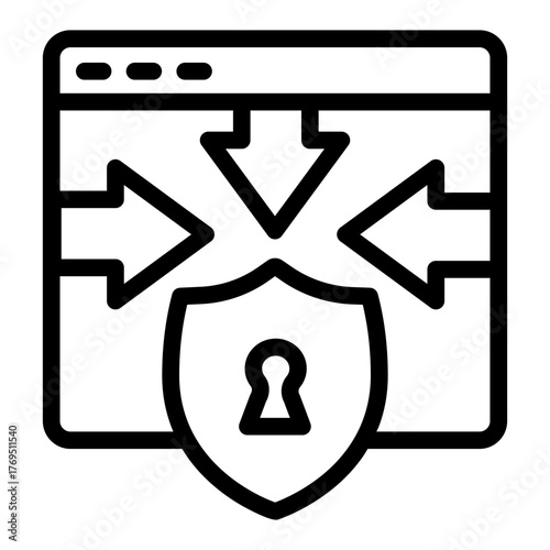 Website and arrows at shield with keyhole line icon, osint analytics concept. Vector graphics. Privacy lock, safety sign on white background, style icon mobile or web design.