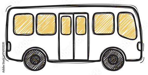 Hand-drawn sketch of a simple bus with three doors and shaded sections, emphasizing a minimalist and rustic style.