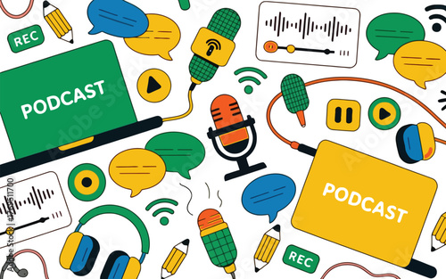 Illustration featuring podcasting equipment and speech bubbles design