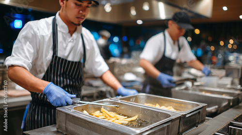 Efficient collection of used frying oil in restaurant kitchen, staff in uniform wearing gloves, stainless steel surfaces and industrial fryers illuminated by warm light