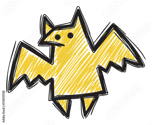 A quirky hand-drawn cartoon bat with a triangular body and wings, featuring a yellow scribbled texture and black outline.