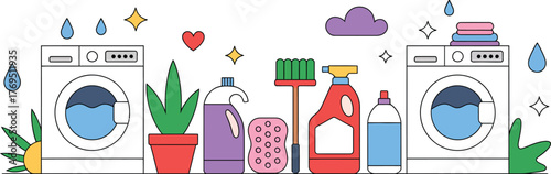 Illustration of laundry room with washing machines and cleaning supplies