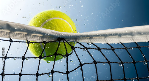 Tennis ball hitting the net with water droplets in a close up shot
