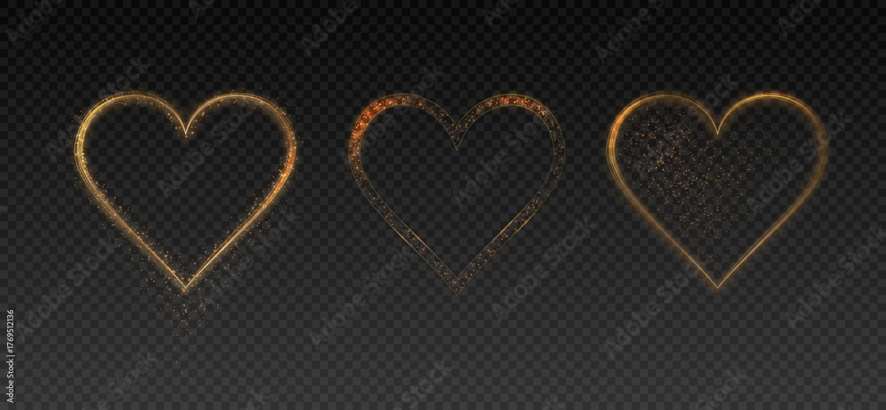 Collection of glowing hearts made of shining gold wire with shimmering flares and gold particles isolated on a dark background. Vector illustration.