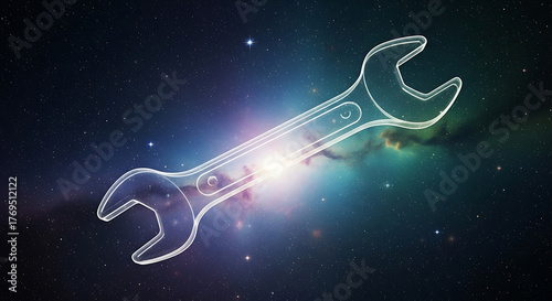 Wrench tool outline in space with stars and nebula in the background