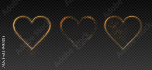 Collection of glowing hearts made of shining gold wire with shimmering flares and gold particles isolated on a dark background. Vector illustration.