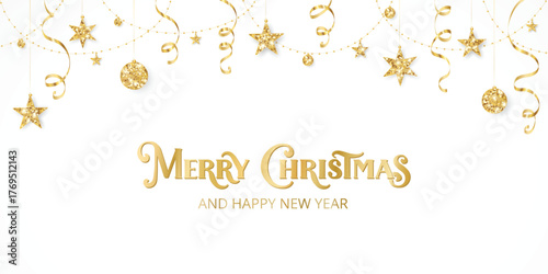 Christmas gold glitter decoration with elegant lettering design. Golden garland, stars and ribbons form luxury festive border. Vector on white background.