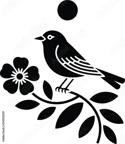 A bird perched on a flower branch with a circle above it black art