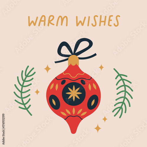Christmas greeting card design. Festive square postcard with Xmas bauble, orn...