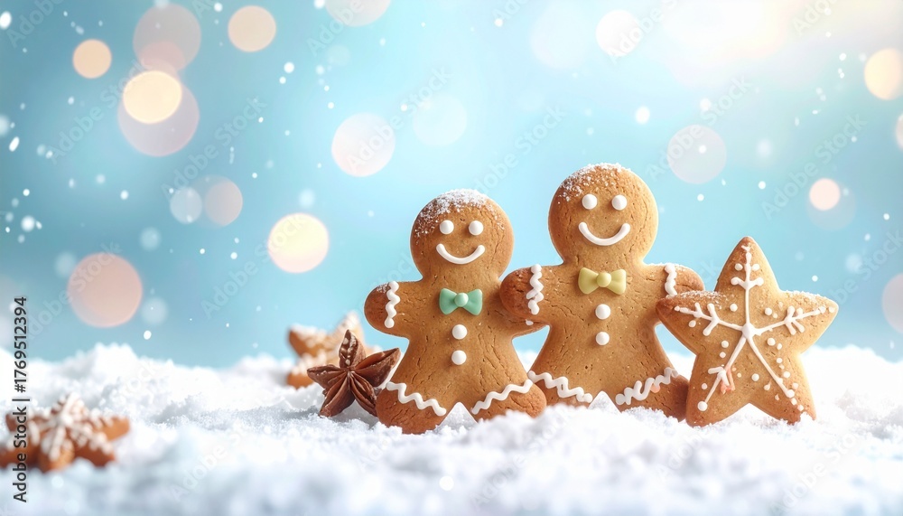 Fototapeta premium Cute Gingerbread Man and Woman Cookies in Snow with Bokeh Lights. Festive Christmas Baking and Holiday Season Concept