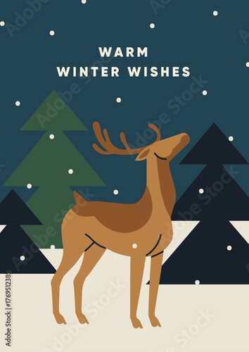 Christmas card design with reindeer in forest with fir trees and snow. Festiv...