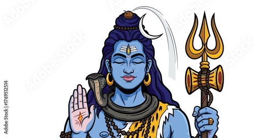 Illustration of the Hindu god Shiva with blue skin, crescent moon in hair, holding a trident, and blessing with his hand.