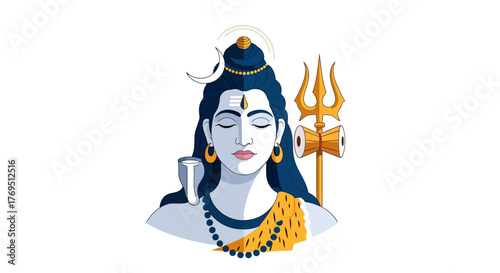 Illustration of the Hindu god Shiva with closed eyes, crescent moon, trident, and prayer beads against a white background.