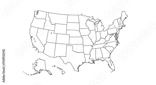 Outline map of the United States of America showing state boundaries, including Alaska and Hawaii, on a white background.