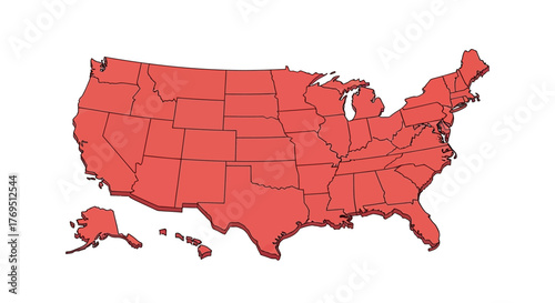 Red map of the United States of America with state borders displayed on a white background.