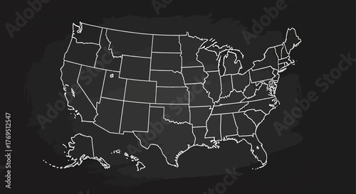 A white outline map of the United States of America on a textured dark gray or black background.