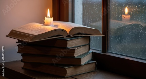 Wallpaper Mural Cozy reading nook with vintage books and candle light on rainy day perfect for relaxation and study time Torontodigital.ca