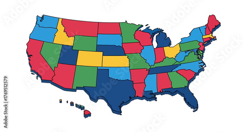 A colorful map of the United States of America, with each state represented by a different color.