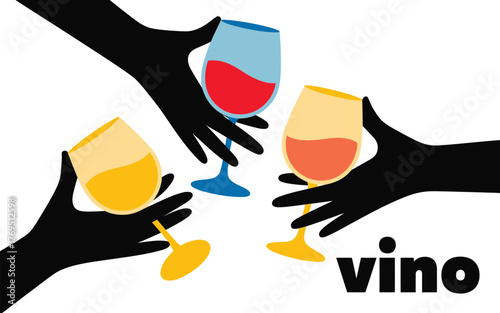 Three hands holding glasses of wine with the word vino on the side