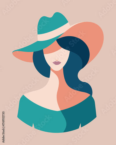 Elegant woman in a stylish hat with a wide brim, a modern and fashionable vector illustration girl avatar