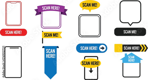 Scan me scan here icons vector illustration set scan now scan qr code