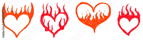Heart In Flames Crayon Chalk Drawing Doodle Vector Set