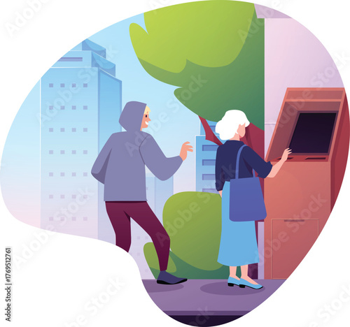 Elderly woman on the street uses bank cash ATM, automated teller machine, man behind her who wants to rob flat vector