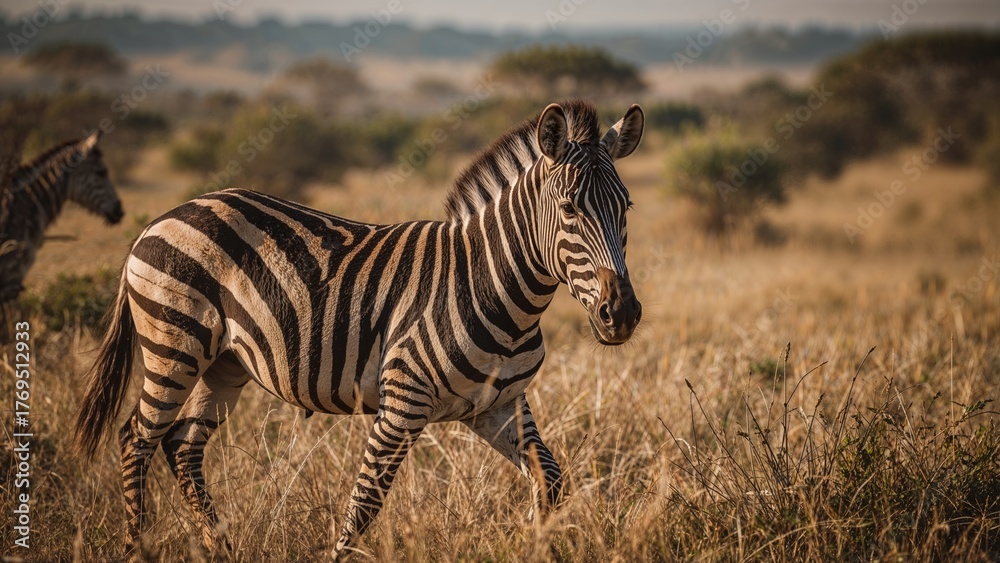 Naklejka premium Untamed zebra roaming in the wild grassy plains. Nature and wildlife, animal and mammal,The concept of freedom and wilderness.