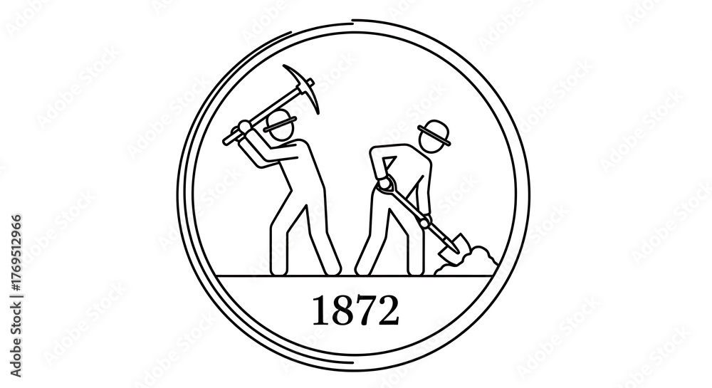 Fototapeta premium Vintage Mining Emblem with Workers and Date 1872.