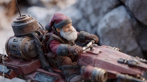 A Santa Claus figure piloting a red sci‑fi speeder bike through a snowy landscape.