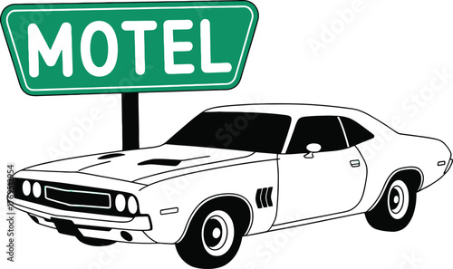 A pink car parked in front of a green motel sign on a tan background