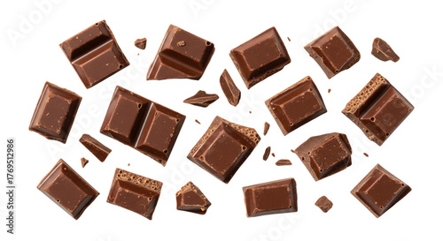 Scattered chocolate pieces isolated on transparent background, sweet and delicious