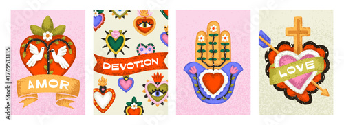 Mexican hearts, love card design set. Valentine's Day posters with folk religious amor symbols, Mexico art. Postcards with latin corazon, cross, flame, dove and flower. Flat vector illustrations.