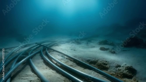 Submarine communication cables lying on the sandy ocean floor, extending into the blue depths.