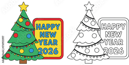 Colorful Christmas tree with star and festive ornaments beside Happy New Year 2026 text, holiday celebration illustration