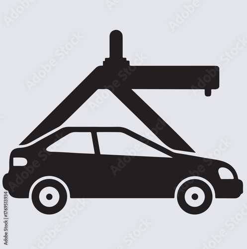 car jack shown silhouette vector art illustration, icon of a car being lifted by a crane