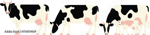 Illustration of three black and white cows with a blue background