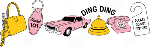 Illustration of motel items including car bell phone and door hanger