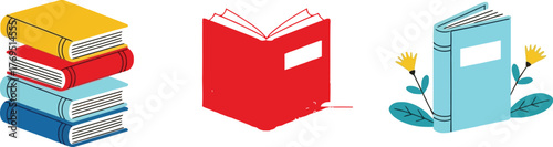Three book illustrations with stack open and standing book representations