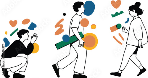 Three stylized figures with colorful shapes on a light pink background