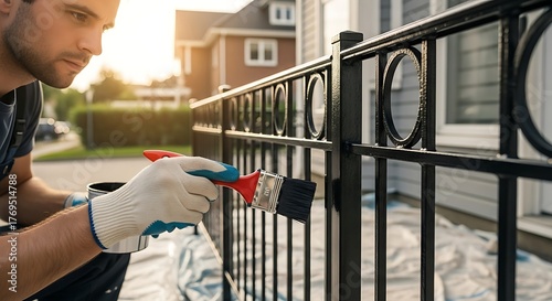 Man painting a black metal fence with a red handled brush wearing white gloves outside a suburban home