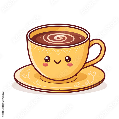 Teacup with saucer in emoji style, isolated on white background, representing relaxation, tea time,