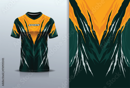 T-shirt mockup abstract texture grunge sport jersey design for football, soccer, racing, esports, running, yellow green white color