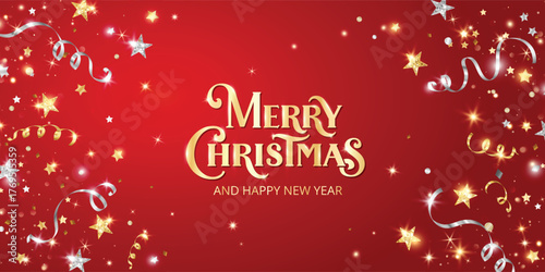 Christmas red background with golden lettering, glowing confetti, stars and ornaments. Festive magical glitter design for holiday celebration, party banners and New Year greetings. Vector.