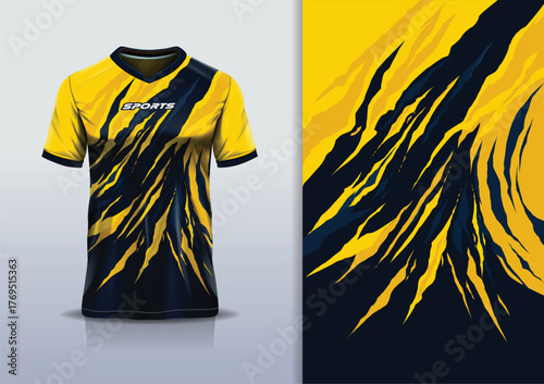 T-shirt mockup abstract texture grunge sport jersey design for football, soccer, racing, esports, running, yellow black color